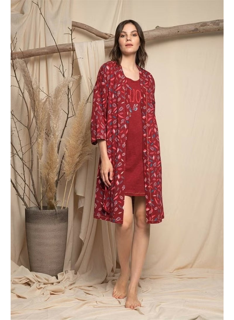 Monamise 20110 100% Cotton Nightgown Dressing Suit-Burgundy - Image 3